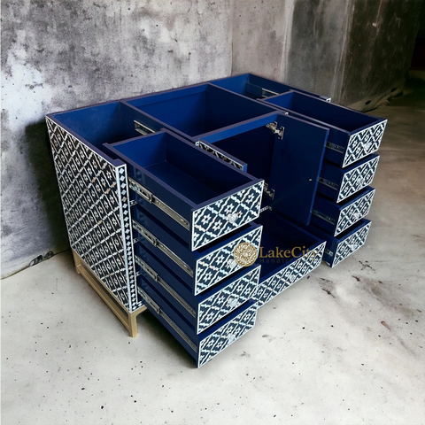 Mother Of Pearl Inlay Arctic Design 9 Drawers & 2 Doors Bathroom Vanity Table Navy Blue