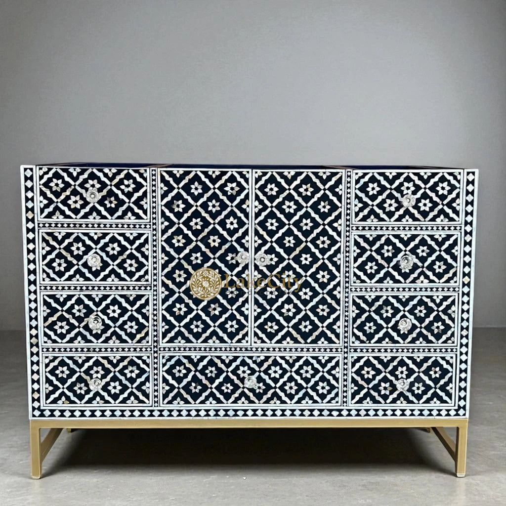 Mother Of Pearl Inlay Arctic Design 9 Drawers & 2 Doors Bathroom Vanity Table Navy Blue