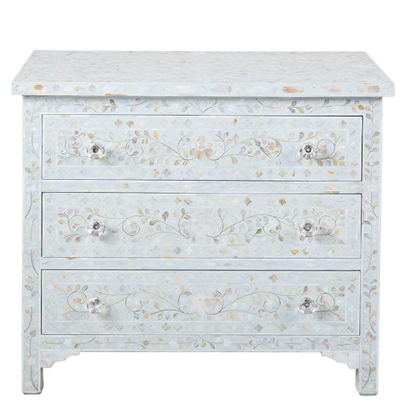 Pale Blue Mother Of Pearl Inlay 3 Drawer Chest Floral 2