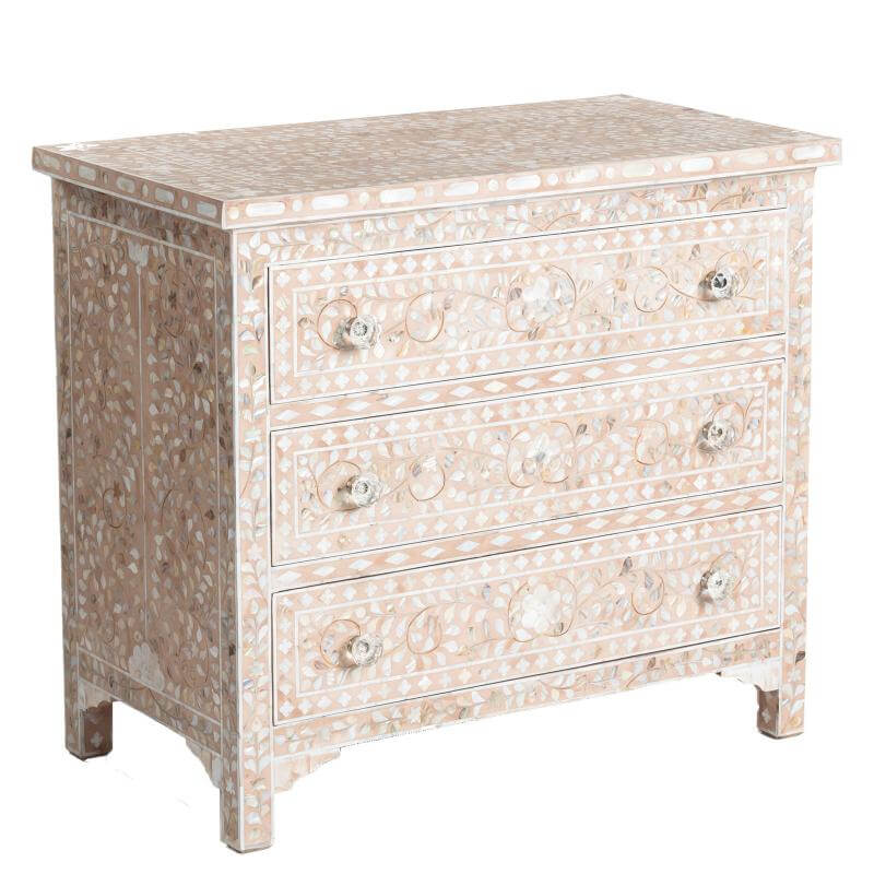 Pale Pink Mother Of Pearl Inlay 3 Drawer Chest Floral 2