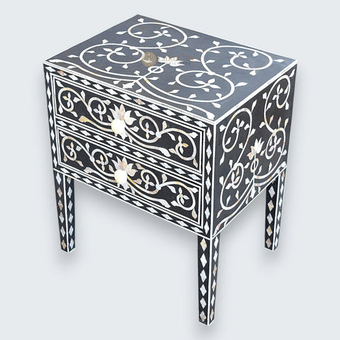 Mother Of Pearl Inlay Bedside 2 Drawer Lotus Design Black