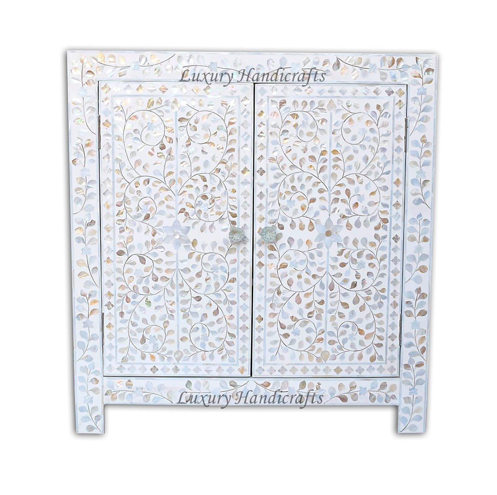 MOP Inlay Cabinet AND Drum Side Table White 1