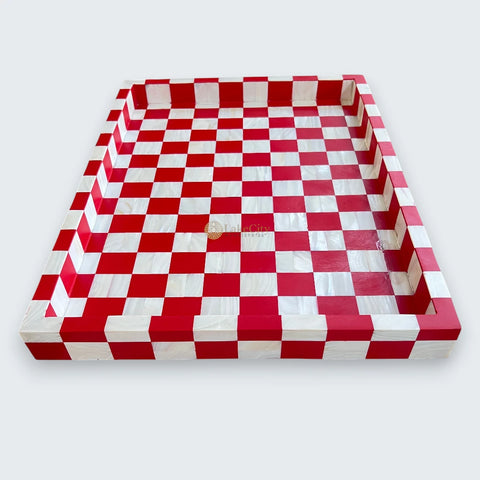 Mother of Pearl Inlay Checkerboard Design Serving Tray Red