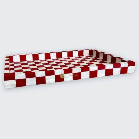 Mother of Pearl Inlay Checkerboard Design Serving Tray Red