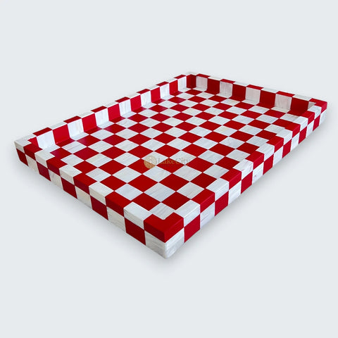 Mother of Pearl Inlay Checkerboard Design Serving Tray Red