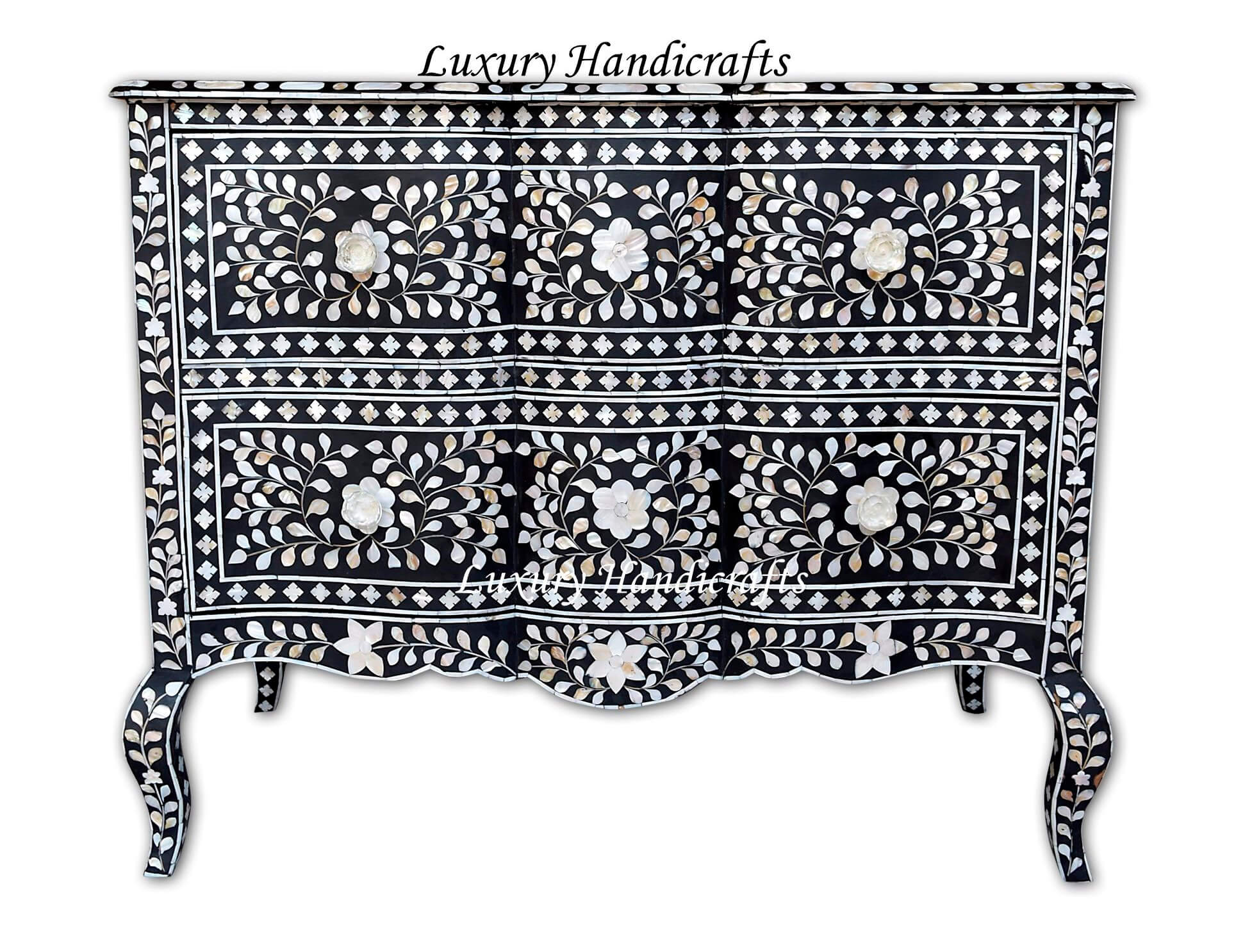 Mother Of Pearl Inlay Chest 2 Curved Drawer Floral Design Black 1