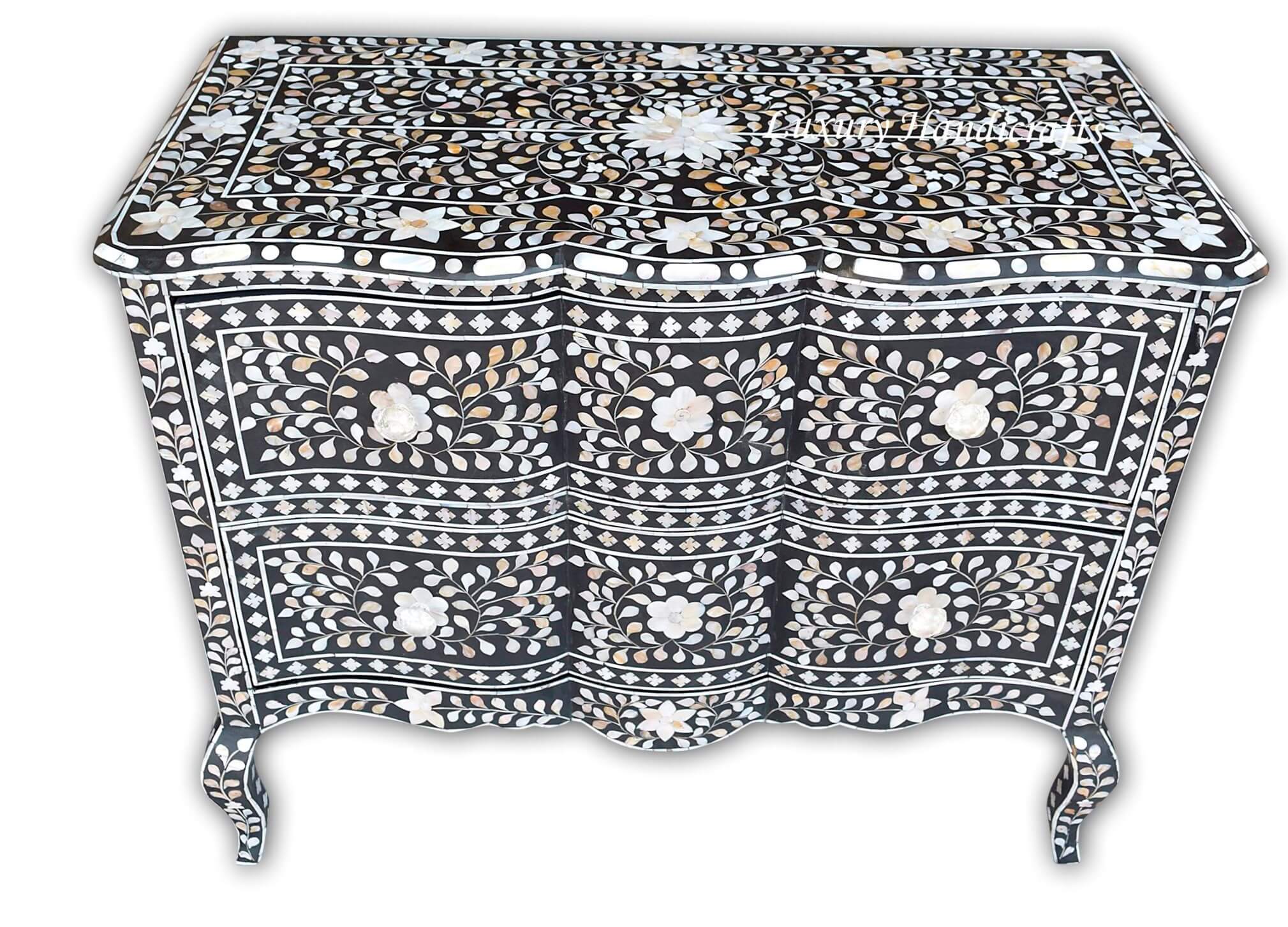 Mother Of Pearl Inlay Chest 2 Curved Drawer Floral Design Black 4