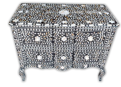 Mother Of Pearl Inlay Chest 2 Curved Drawer Floral Design Black 4
