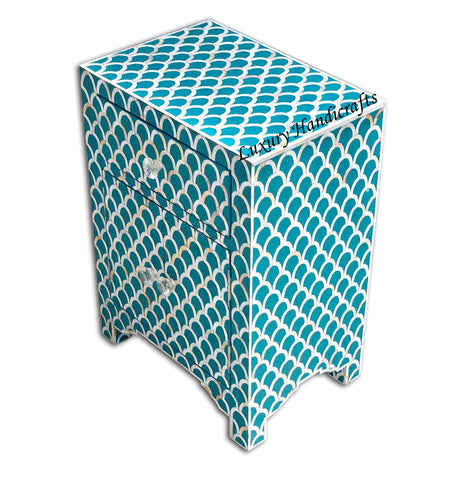 Mother Of Pearl Inlay 1 Drawer 2 Door Fishscale Design Bedside Teal Green 3