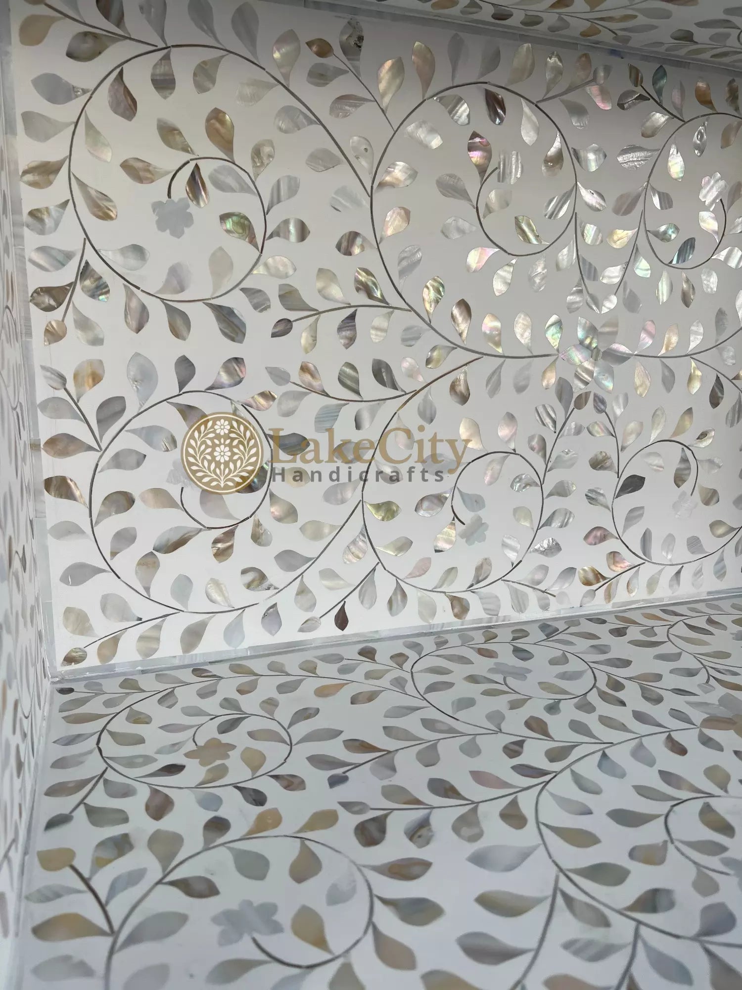 Mother of Pearl Inlay Floral Book Shelf White