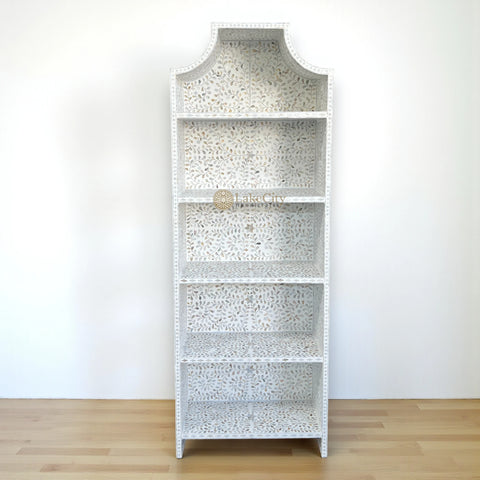 Mother of Pearl Inlay Floral Book Shelf White