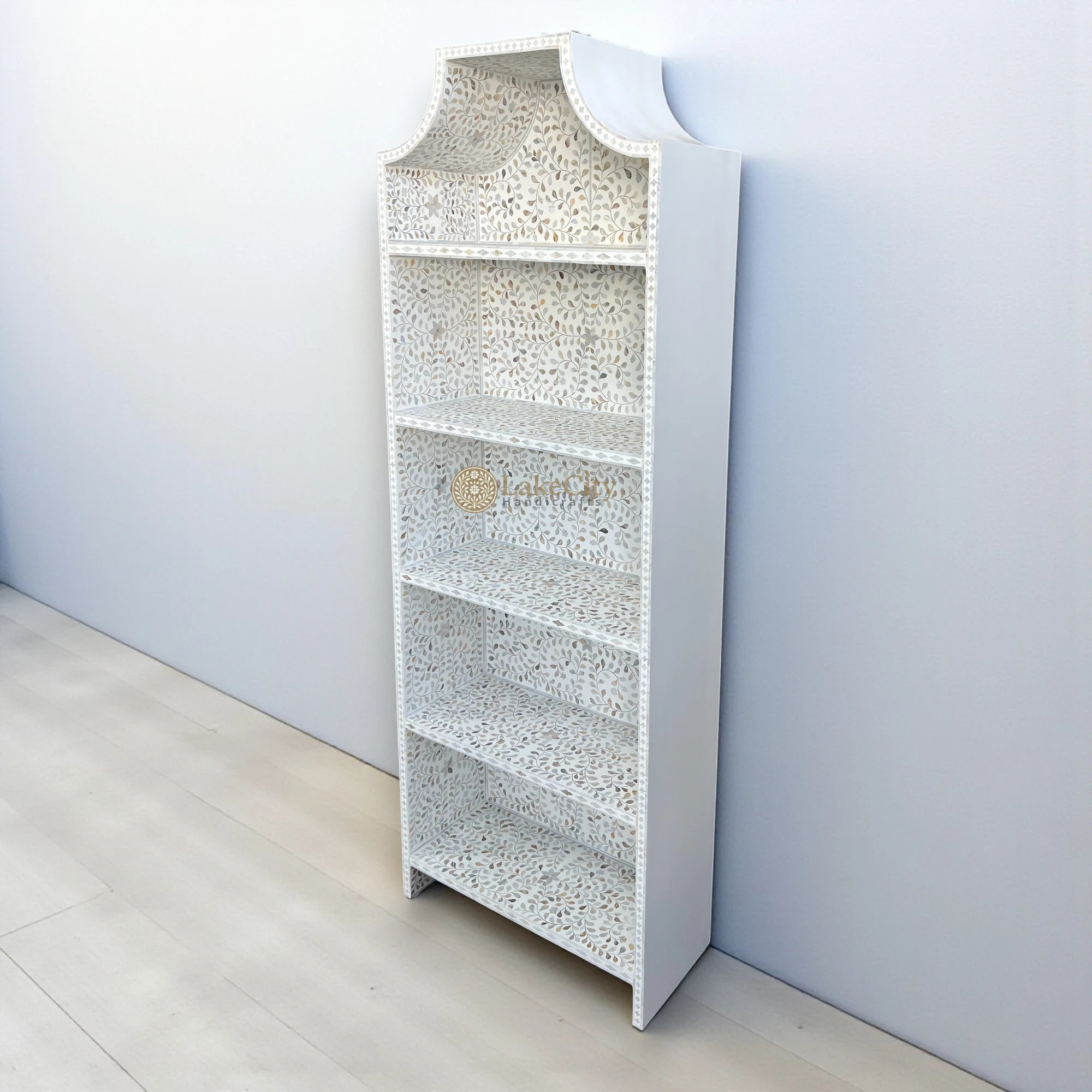 Mother of Pearl Inlay Floral Book Shelf White