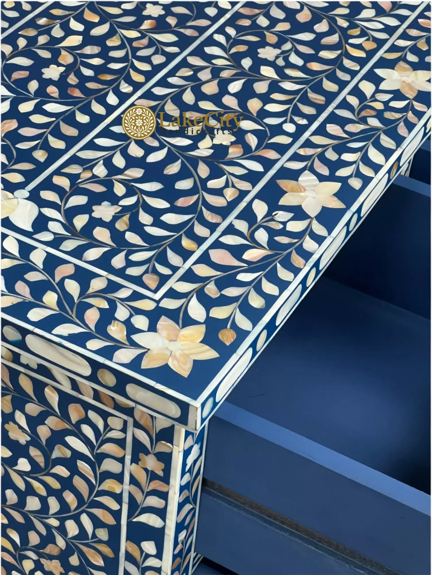 Mother of Pearl Inlay Floral Chest Of 7 Drawers Navy Blue | Mother of Pearl Inlay Floral 7 Drawers Dresser Table Navy Blue