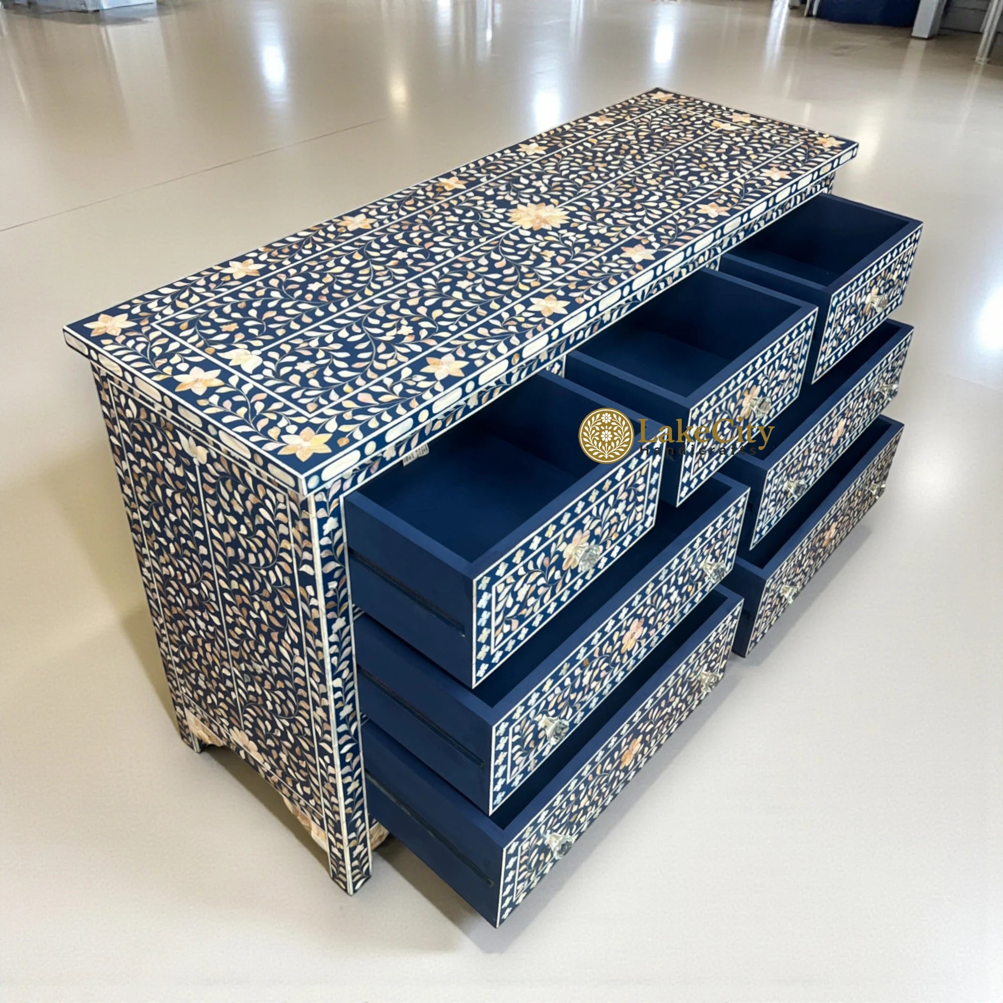 Mother of Pearl Inlay Floral Chest Of 7 Drawers Navy Blue | Mother of Pearl Inlay Floral 7 Drawers Dresser Table Navy Blue