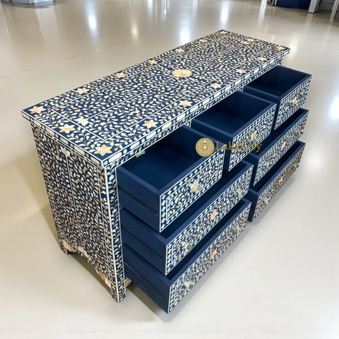 Mother of Pearl Inlay Floral Chest Of 7 Drawers Navy Blue | Mother of Pearl Inlay Floral 7 Drawers Dresser Table Navy Blue