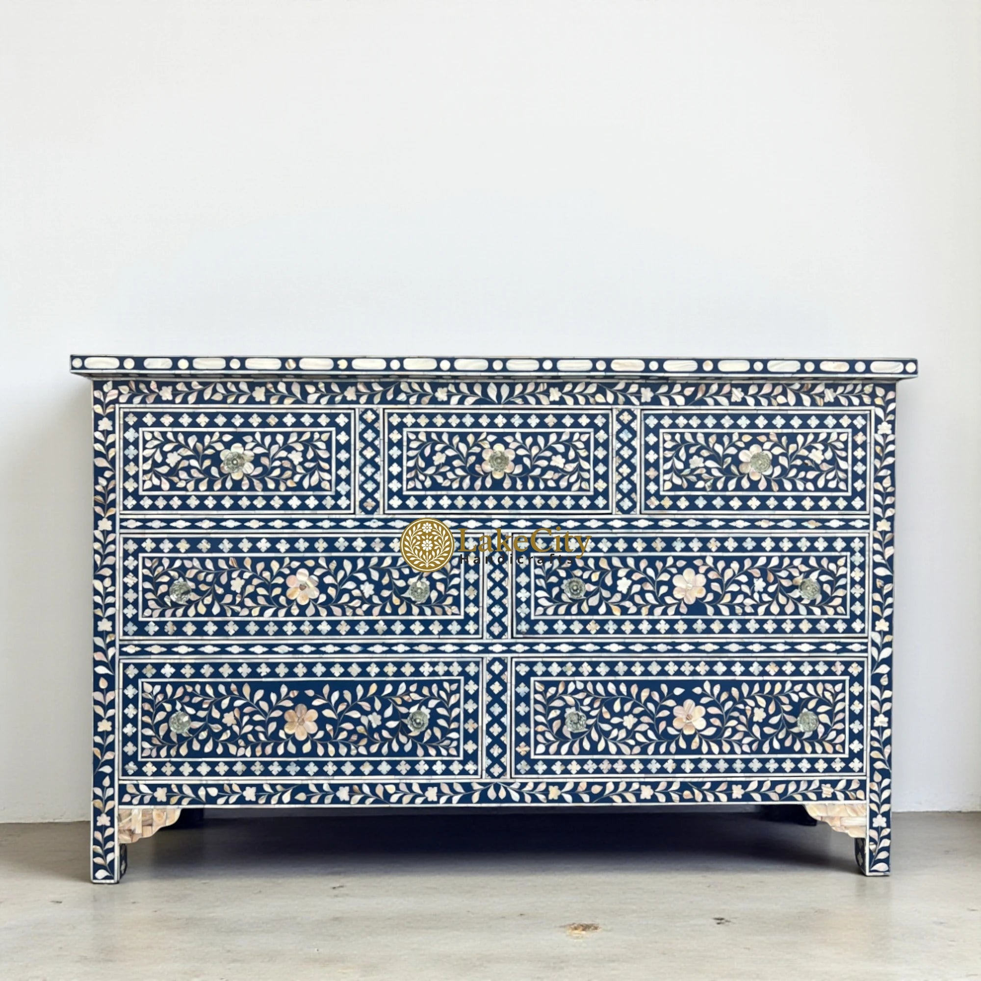 Mother of Pearl Inlay Floral Chest Of 7 Drawers Navy Blue | Mother of Pearl Inlay Floral 7 Drawers Dresser Table Navy Blue