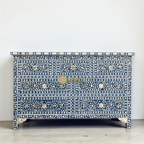 Mother of Pearl Inlay Floral Chest Of 7 Drawers Navy Blue | Mother of Pearl Inlay Floral 7 Drawers Dresser Table Navy Blue
