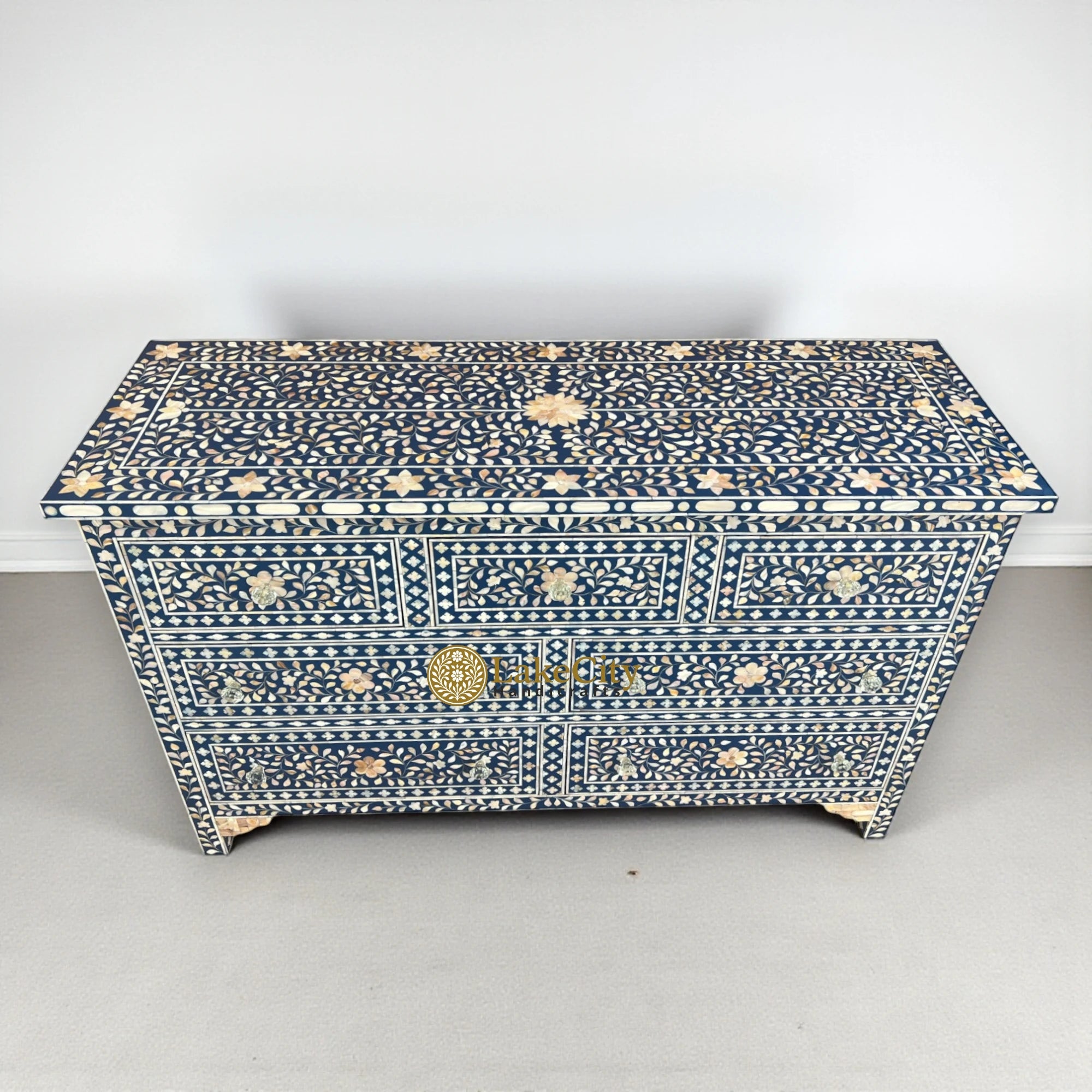 Mother of Pearl Inlay Floral Chest Of 7 Drawers Navy Blue | Mother of Pearl Inlay Floral 7 Drawers Dresser Table Navy Blue
