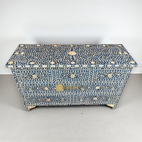Mother of Pearl Inlay Floral Chest Of 7 Drawers Navy Blue | Mother of Pearl Inlay Floral 7 Drawers Dresser Table Navy Blue