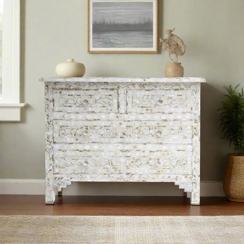 Mother Of Pearl Inlay Floral Chest Of Four Drawers Ivory