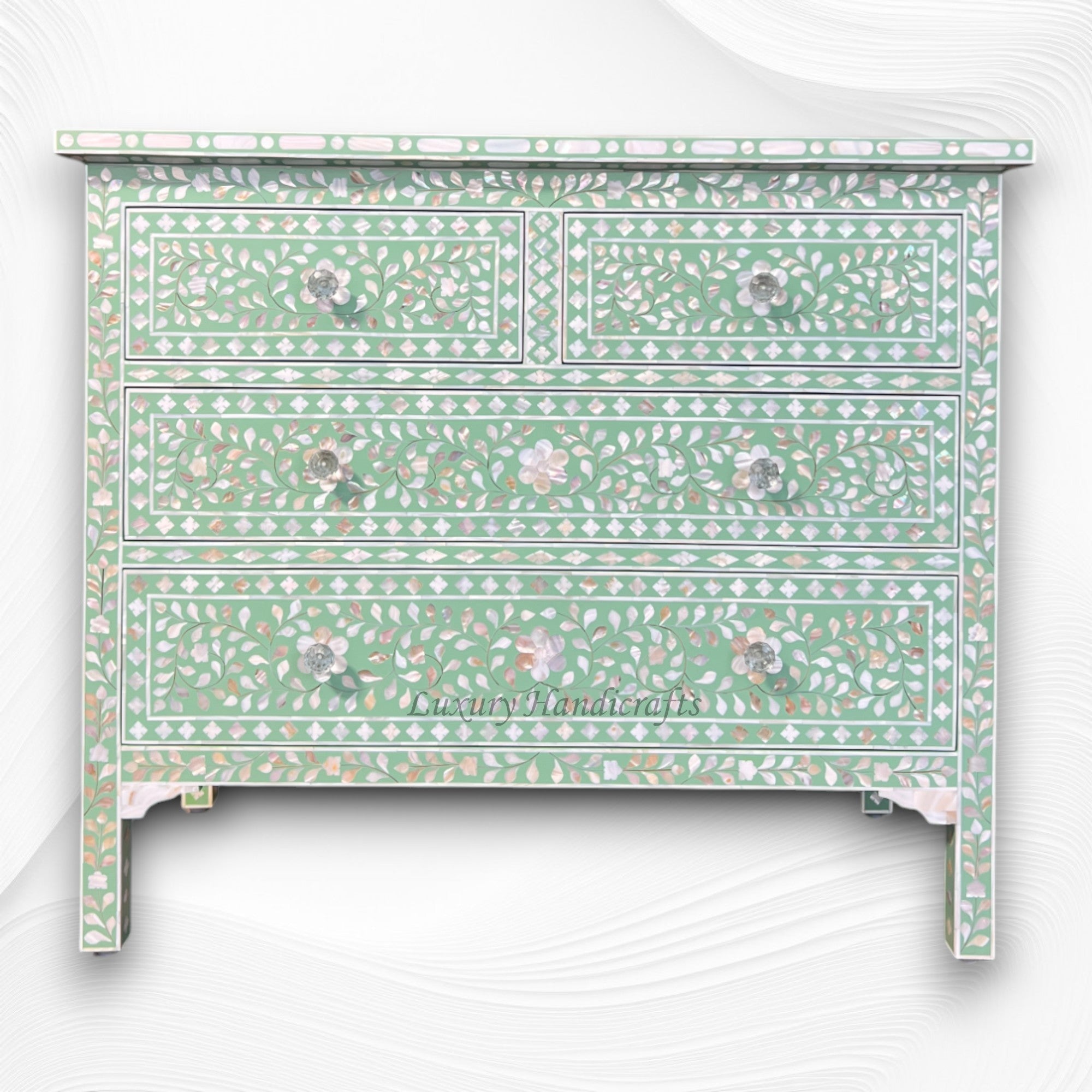 Mother of Pearl Inlay Floral Chest of Four Drawers Mint Green 4