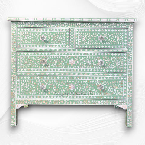 Mother of Pearl Inlay Floral Chest of Four Drawers Mint Green 4