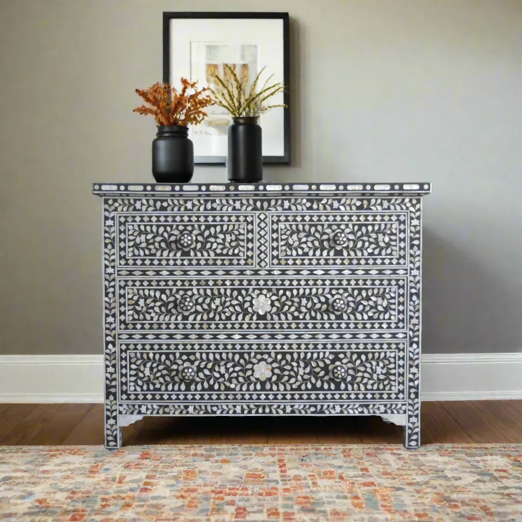 Mother Of Pearl Inlay Floral Chest Of Four Drawers Black