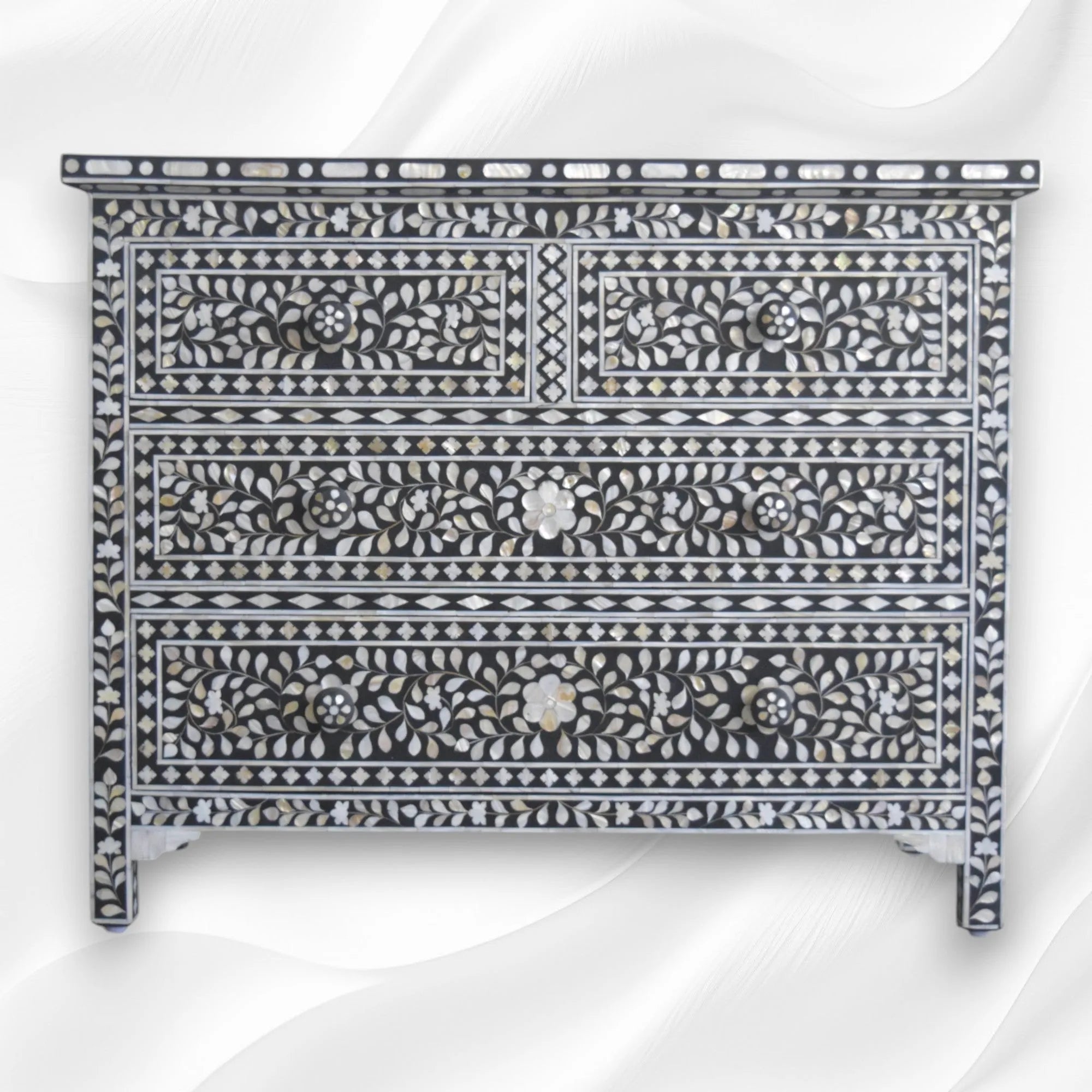 Mother Of Pearl Inlay Floral Chest Of Four Drawers Black 4