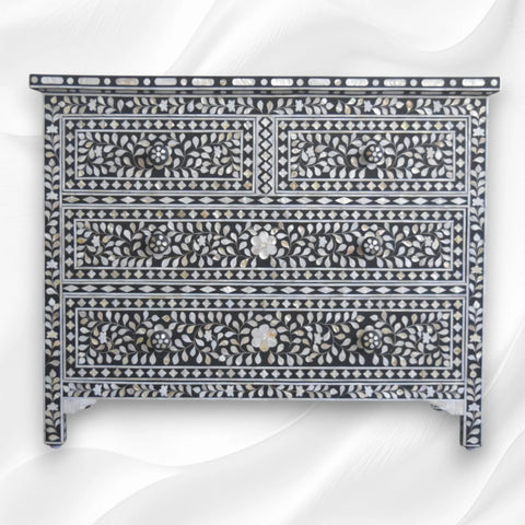 Mother Of Pearl Inlay Floral Chest Of Four Drawers Black 4