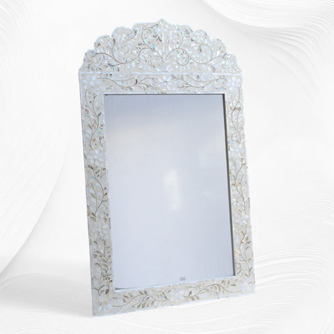 Mother Of Pearl Inlay Floral Crested Mirror Ivory