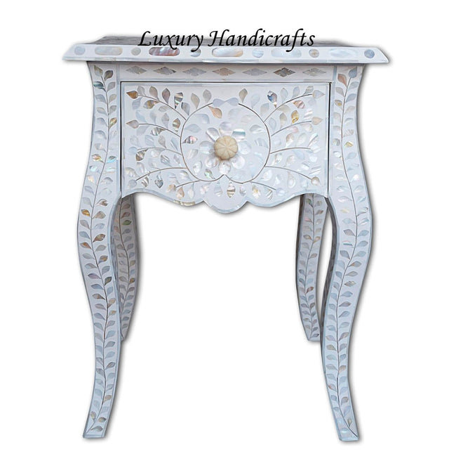 White Mother Of Pearl Inlay French Bedside 1 Drawer Floral Design 1