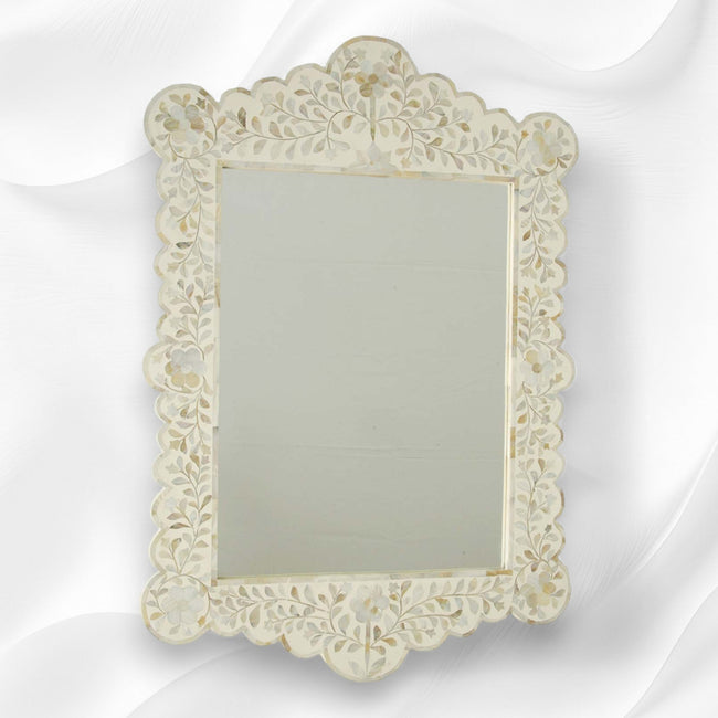 Mother Of Pearl Inlay Scalloped Mirror White