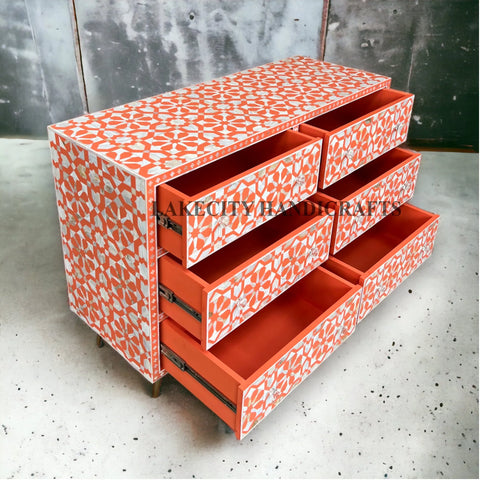 Mother Of Pearl Inlay Moroccan Design 6 Drawers Chest Orange