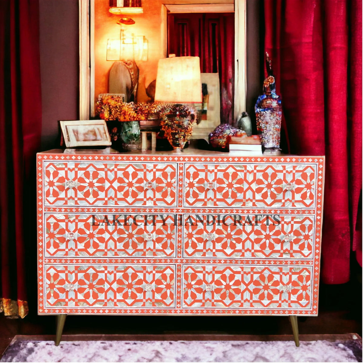 Mother Of Pearl Inlay Moroccan Design 6 Drawers Chest Orange