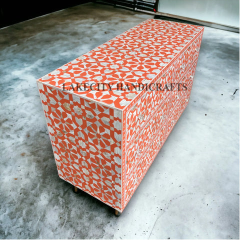 Mother Of Pearl Inlay Moroccan Design 6 Drawers Chest Orange