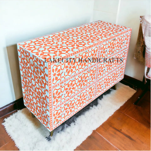 Mother Of Pearl Inlay Moroccan Design 6 Drawers Chest Orange