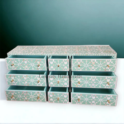 Mother Of Pearl Inlay Moroccan Design 9 Drawers Chest Slate Green