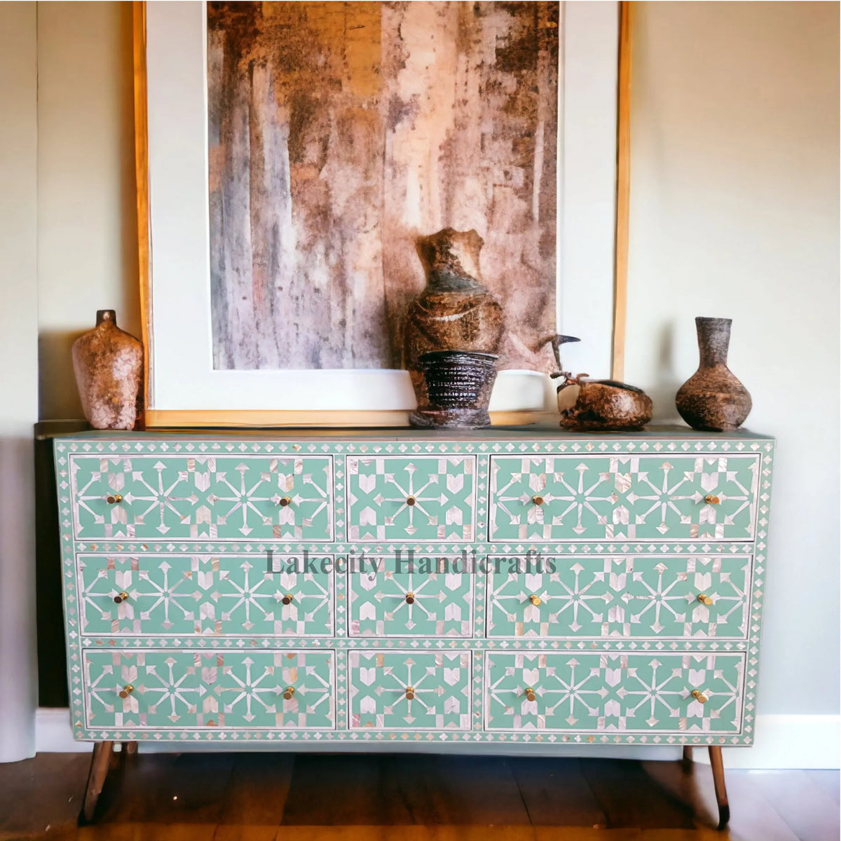 Mother Of Pearl Inlay Moroccan Design 9 Drawers Chest Slate Green