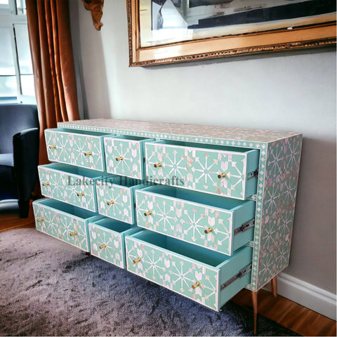 Mother Of Pearl Inlay Moroccan Design 9 Drawers Chest Slate Green