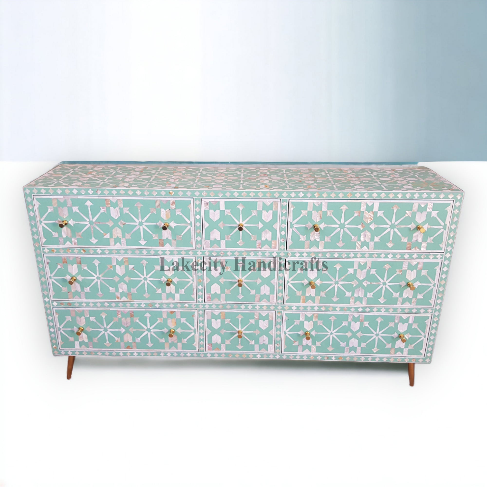 Mother Of Pearl Inlay Moroccan Design 9 Drawers Chest Slate Green