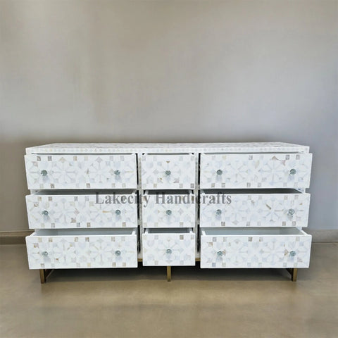 Mother Of Pearl Inlay Moroccan Design 9 Drawers Chest White