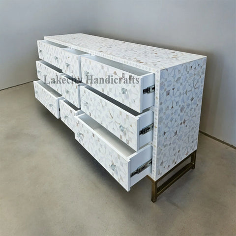 Mother Of Pearl Inlay Moroccan Design 9 Drawers Chest White