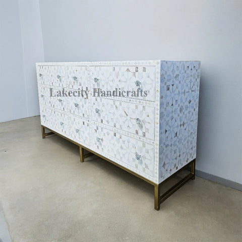 Mother Of Pearl Inlay Moroccan Design 9 Drawers Chest White