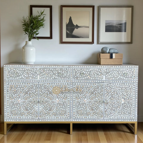 Mother Of Pearl Inlay Scroll-vine Design Buffet Table Grey