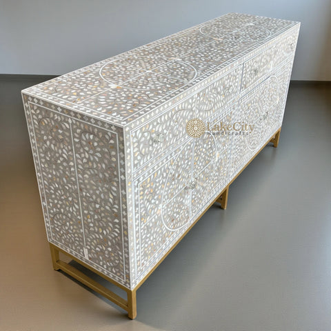 Mother Of Pearl Inlay Scroll-vine Design Buffet Table Grey