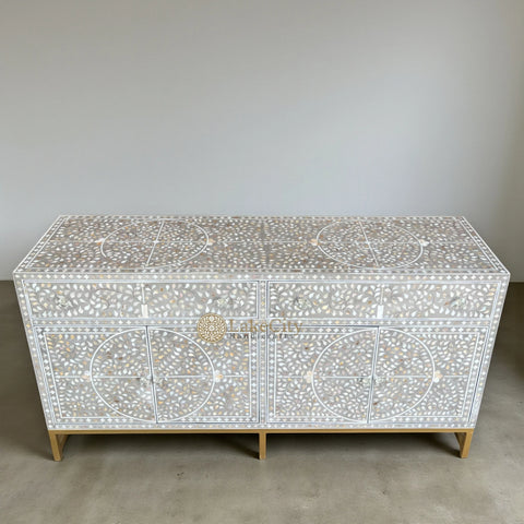 Mother Of Pearl Inlay Scroll-vine Design Buffet Table Grey