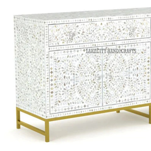 Mother Of Pearl Inlay Scroll-vine Design 2 Drawers & 4 Doors Buffet Table White