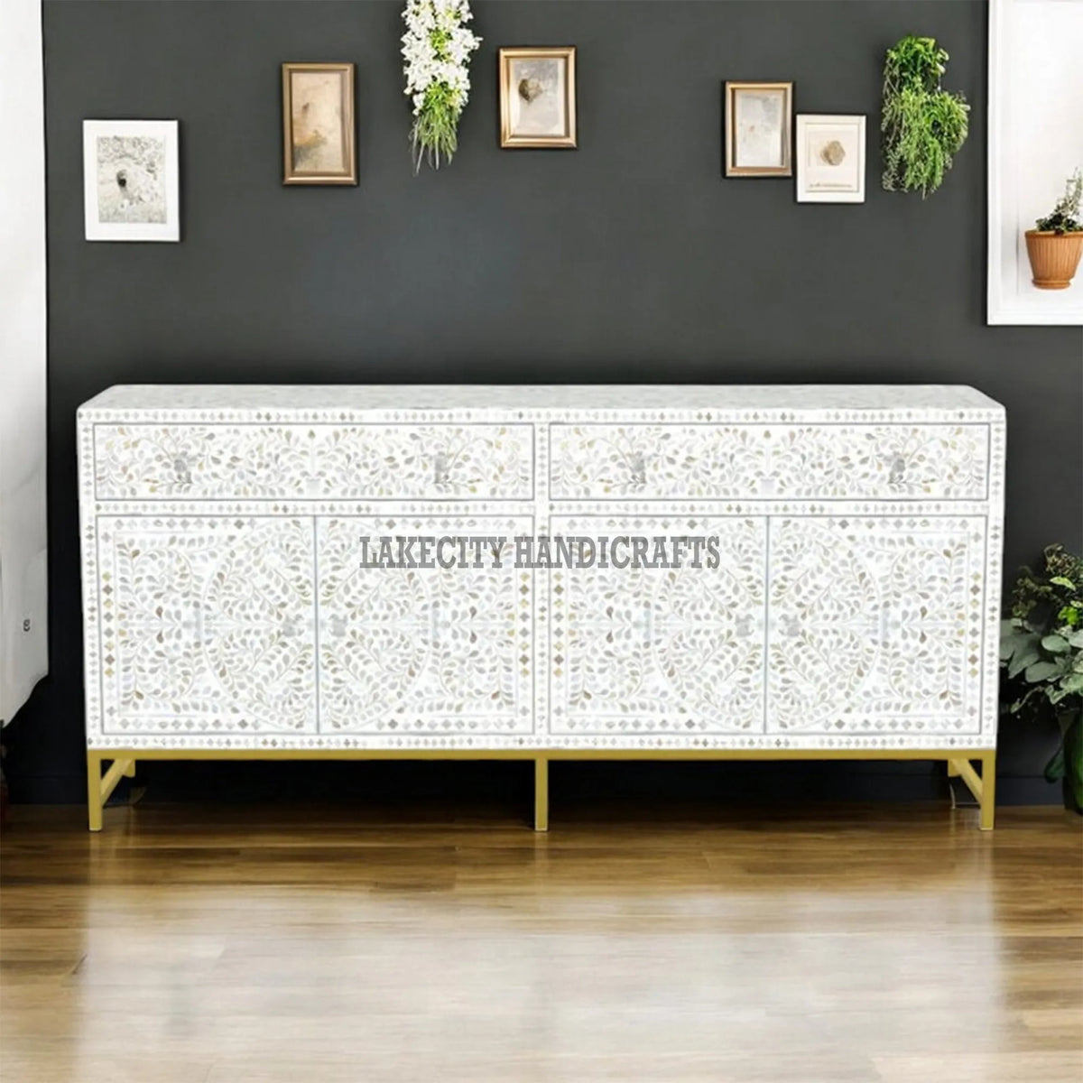 Mother Of Pearl Inlay Scroll-vine Design 2 Drawers & 4 Doors Buffet Table White