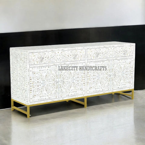 Mother Of Pearl Inlay Scroll-vine Design 2 Drawers & 4 Doors Buffet Table White