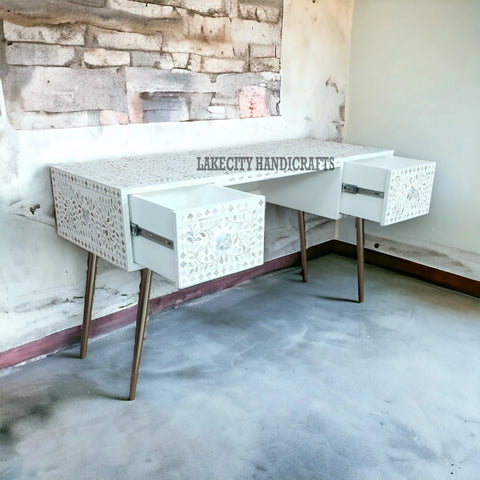 Mother Of Pearl Inlay Scroll-vine Design Desk White | Mother Of Pearl Inlay Scroll-vine Design Console Table White